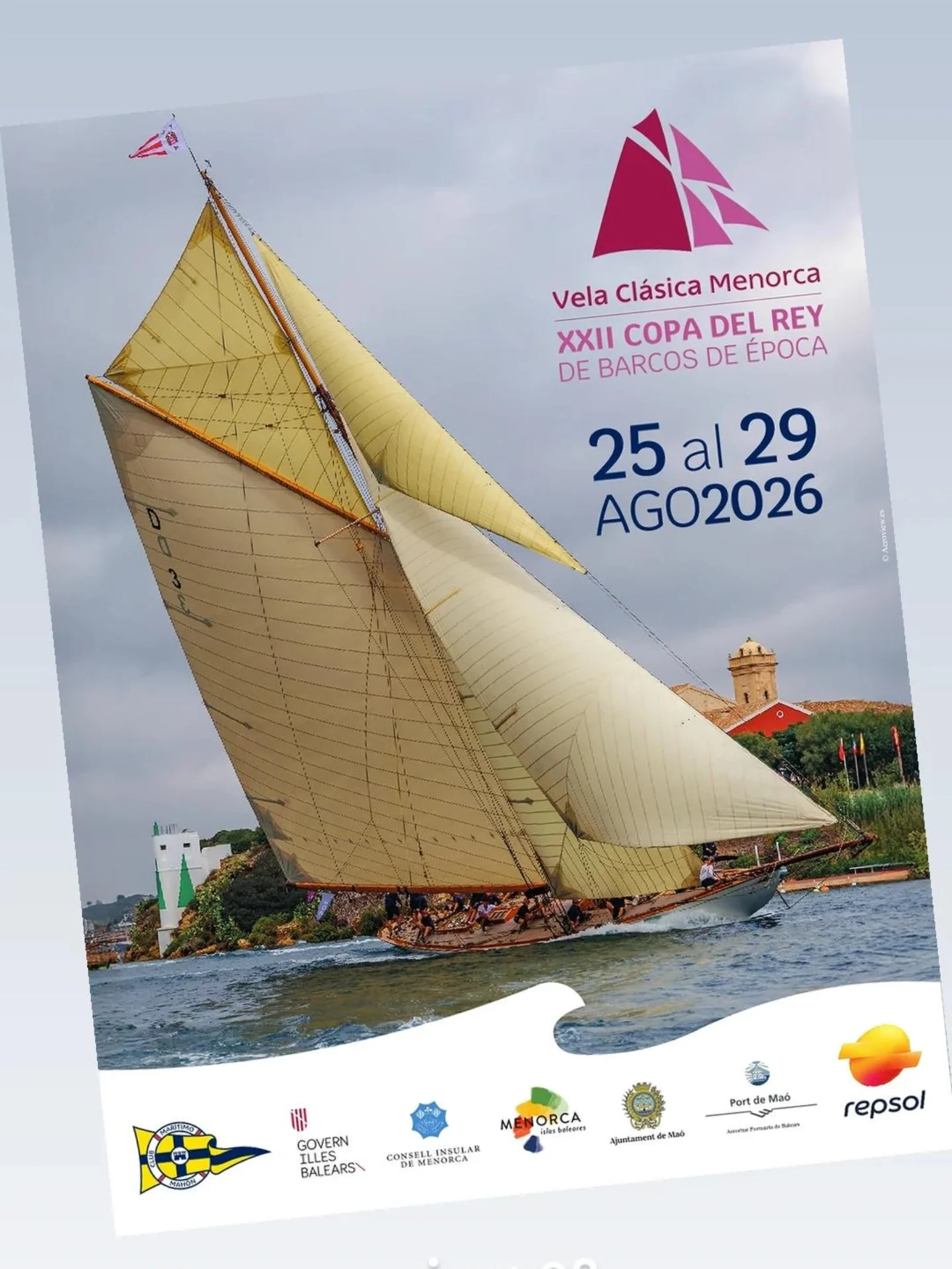 Cartel de la Copa del Rey de Vela Clásica Menorca 2026 con fotografía de Gustavo Taboada de Aeroview.es y crédito G. Taboada