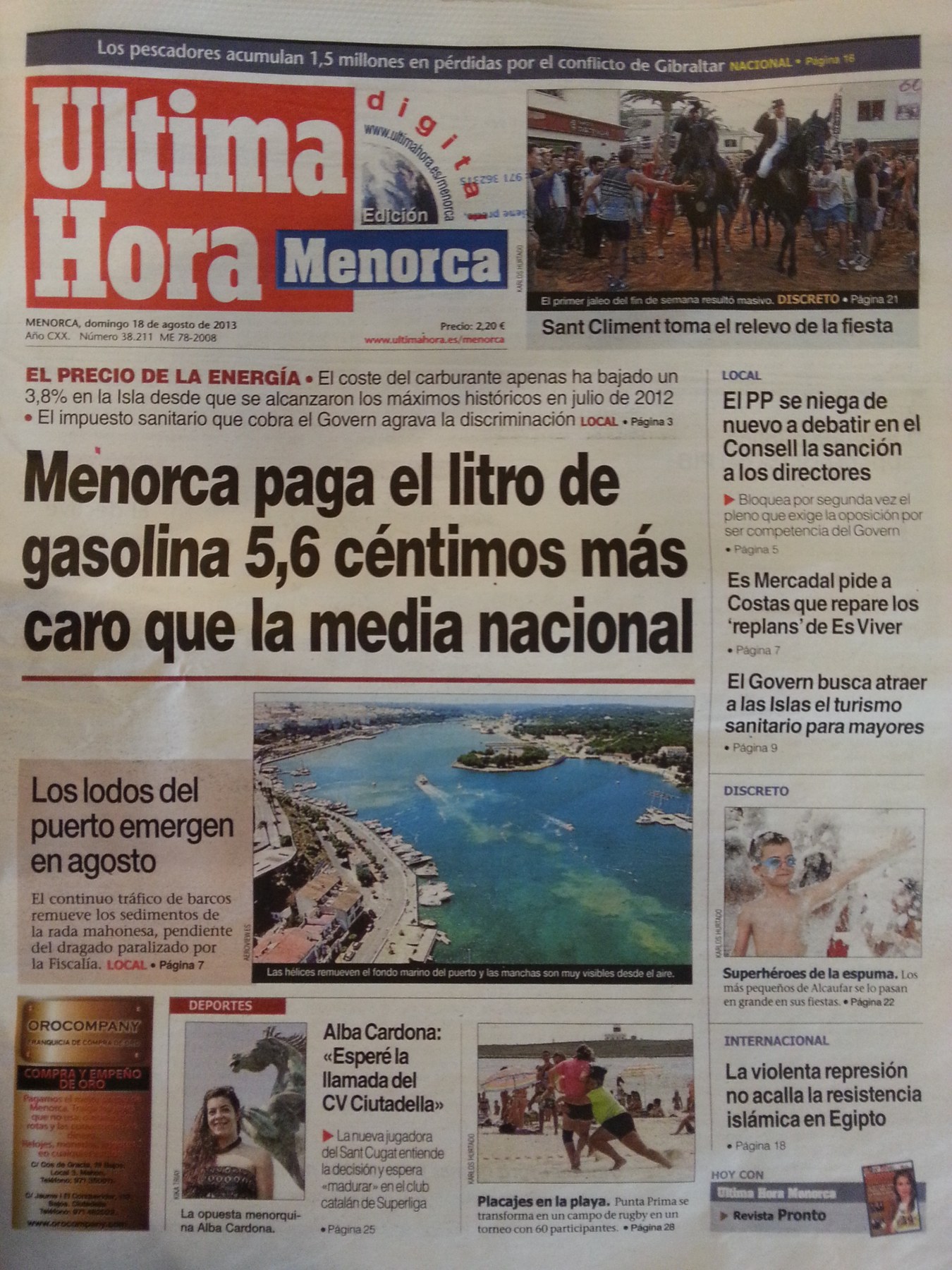 Portada de Última Hora Menorca · 18 de agosto de 2013. Archivo personal.