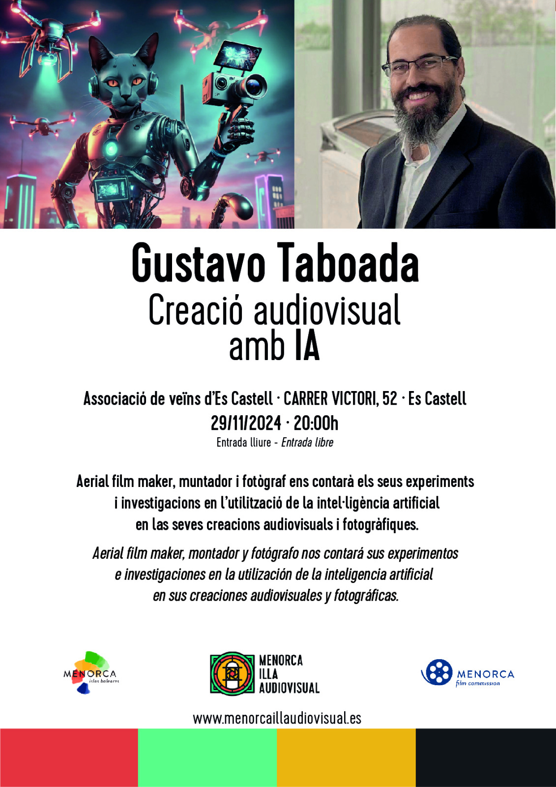 Cartel de Creació audiovisual amb IA, charla de Gustavo Taboada en Es Castell el 29 de noviembre de 2024