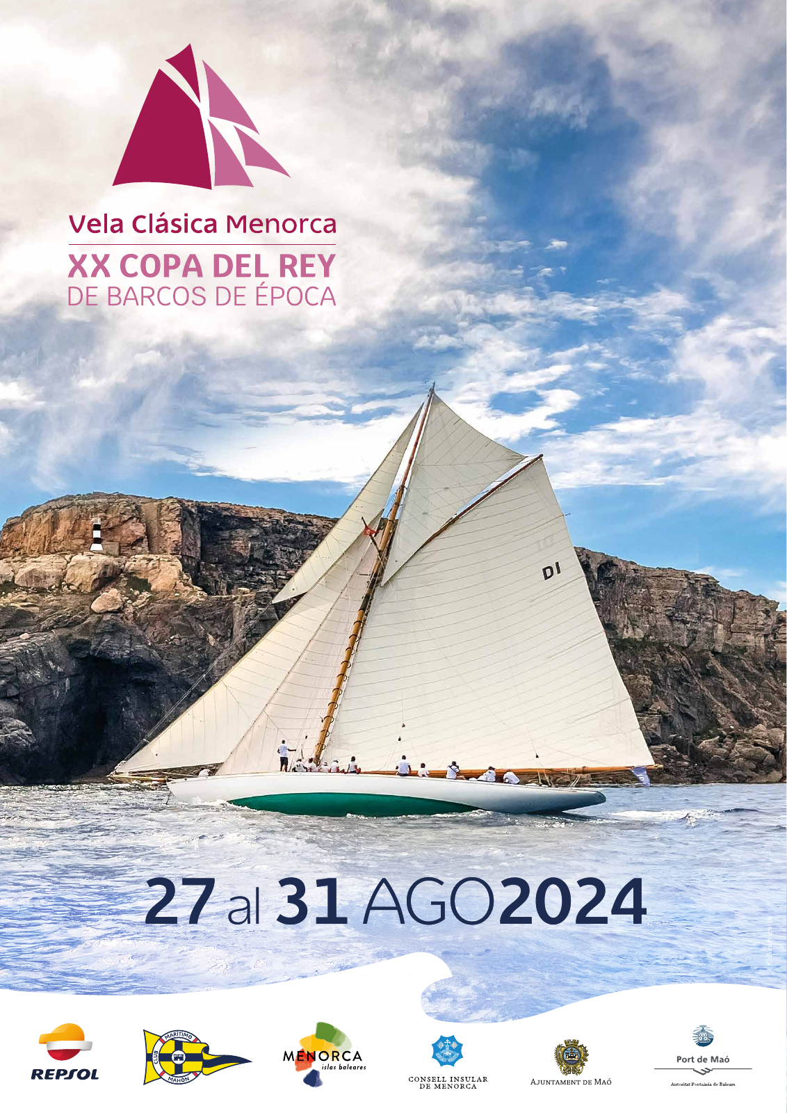 Cartel de la XX Copa del Rey de Barcos de Época Menorca 2024 con fotografía de Gustavo Taboada de Aeroview.es